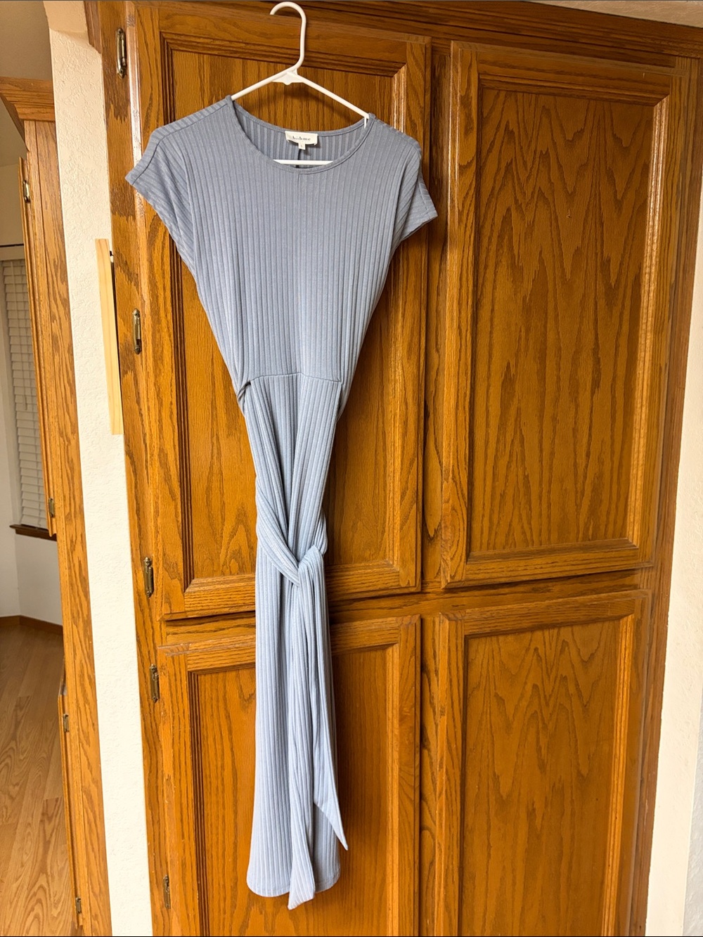 bohme Light Blue Ribbed Tie-Waist Midi Dress